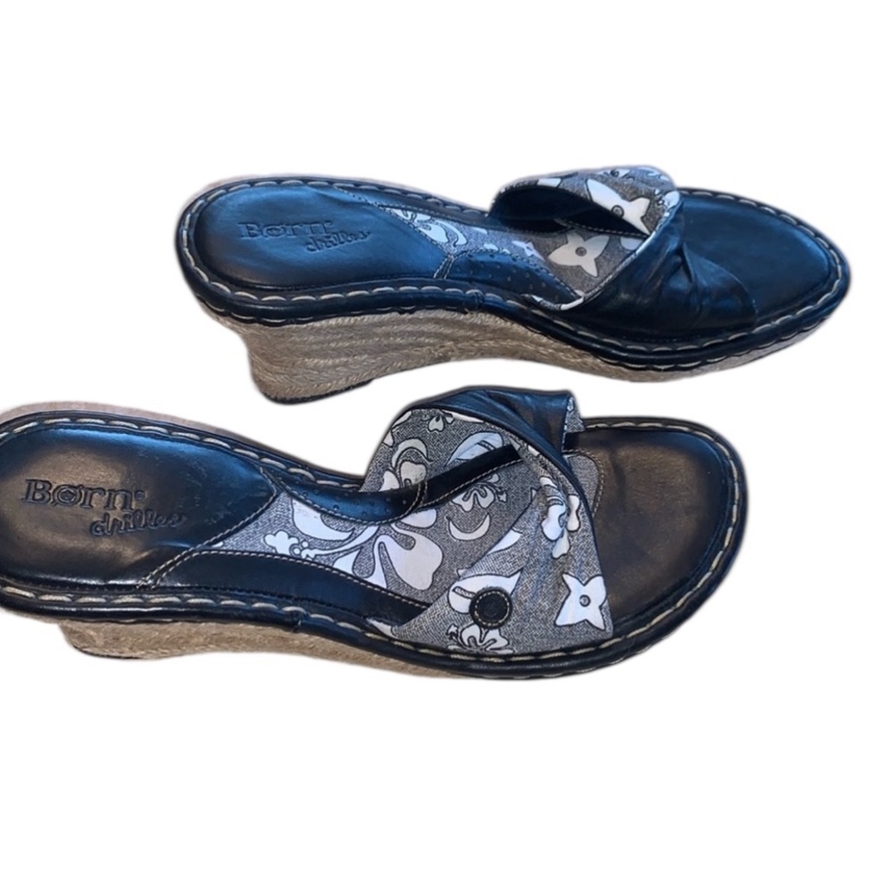 BORN “DRILLES” platform espadrilles, twisted black leather & canvas upper.